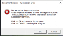 a sonic frontiers.exe application error message shows an attempt was made to execute an illegal instruction