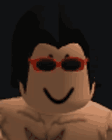 a roblox character wearing red sunglasses and smiling