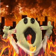 a cartoon character with a surprised look on his face is surrounded by fire