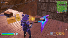 a screen shot of a video game with a purple character holding a purple axe