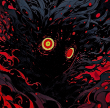 a drawing of a monster with red eyes and a yellow circle in the center