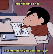 a cartoon of a boy sitting at a desk writing in a notebook