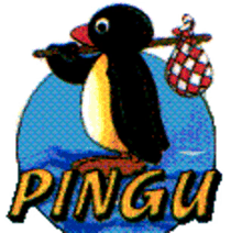 a picture of a penguin holding a bag and the word pingu