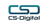 a logo for cs-digital shows a blue and black logo