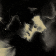 a black and white painting of a person 's face with smoke coming out of their mouth