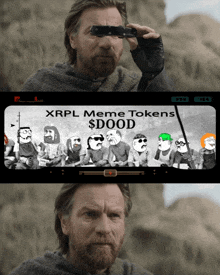 a man taking a picture of a group of people with the words xrpl meme tokens $ dood below him