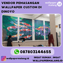 a poster for wallpaper malang id shows a woman standing in front of a painting of fish