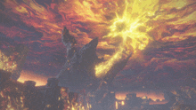 a painting of a castle on fire with a huge fireball in the sky