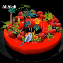 a picture of a cake with berries and a bird with the name aliabdi on the bottom