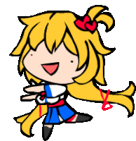 a cartoon drawing of a girl with long blonde hair and a red bow on her head .