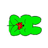 a cartoon drawing of a green frog with a red flower on its back .