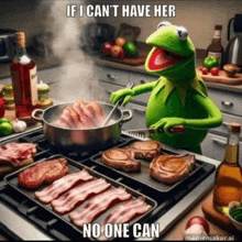 kermit the frog is cooking bacon and steaks on a stove top