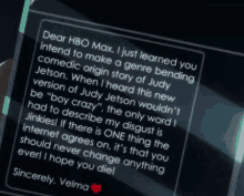 a message from velma to hbo max is displayed