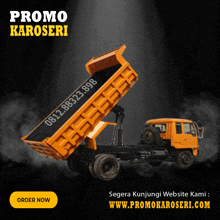 an ad for a dump truck says promo karoseri on it