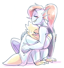 a drawing of a fish hugging another fish with a ponytail