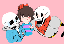 two skeletons and a girl pose for a picture together