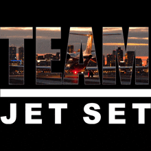 a logo for team jet set with a picture of an airplane in the background