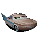 a brown and blue car with green eyes from the movie cars .