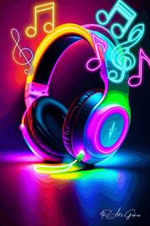 a pair of colorful headphones with neon music notes surrounding them