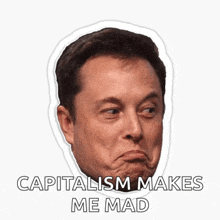 a sticker of elon musk with capitalism makes me mad