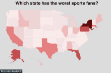 a map of the united states with the question " which state has the worst sports fans "