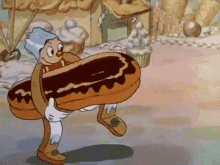 a cartoon character is carrying a large chocolate donut in his hands .