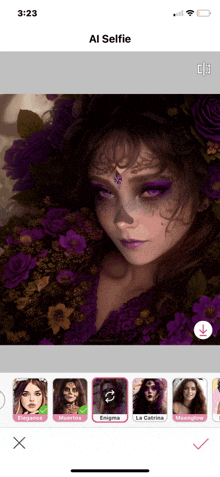 a screenshot of a selfie app shows a woman in purple flowers