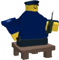 a lego police officer is sitting on a wooden stool holding a walkie talkie .