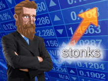 a man in a suit and tie is standing in front of a stock chart that says stonks