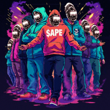 a group of people with gorillas on their faces and one wearing a hoodie that says $ ape