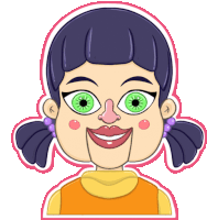 a cartoon of a girl with green eyes and pigtails