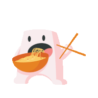 a cartoon character is holding chopsticks and eating noodles from a bowl