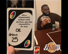 a person is holding a uno card next to a picture of lebron james playing uno with a can of soda .