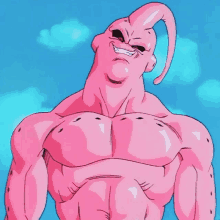 a pink cartoon character with a blue sky in the background is smiling