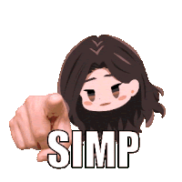 a cartoon girl pointing at the word simp on a white background