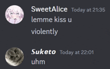 a screenshot of a chat with sweetalice and suketo