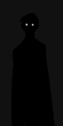 a silhouette of a person in the dark with bright eyes .