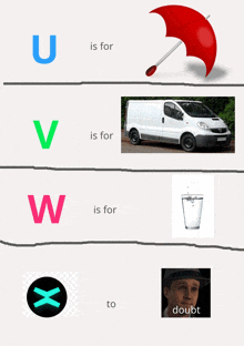 the letter u is for an umbrella and a white van