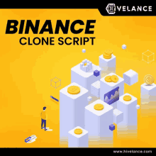 an advertisement for binance clone script shows a man standing on a graph