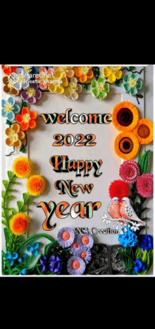 a happy new year greeting card with flowers and birds