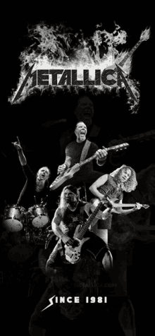 a black and white poster for metallica shows the band on stage