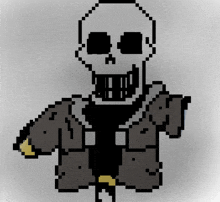 a pixel art of a skeleton with a black jacket