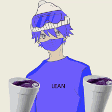 a boy wearing a blue shirt that says lean holds two cups of purple liquid