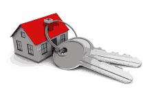 a house with a red roof is attached to a key chain with two keys