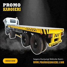 an advertisement for promo karoseri shows a truck with a flatbed