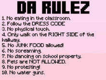 a poster that says " da rulez " in black letters on a pink background