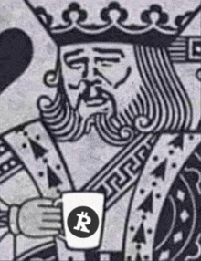 a black and white drawing of a king holding a cup with a r on it .