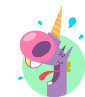 an illustration of a purple unicorn blowing a pink bubble gum