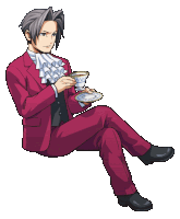 a man in a red suit is sitting down holding a cup of coffee