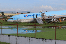 a blue and white airplane with the word korea air written on the side